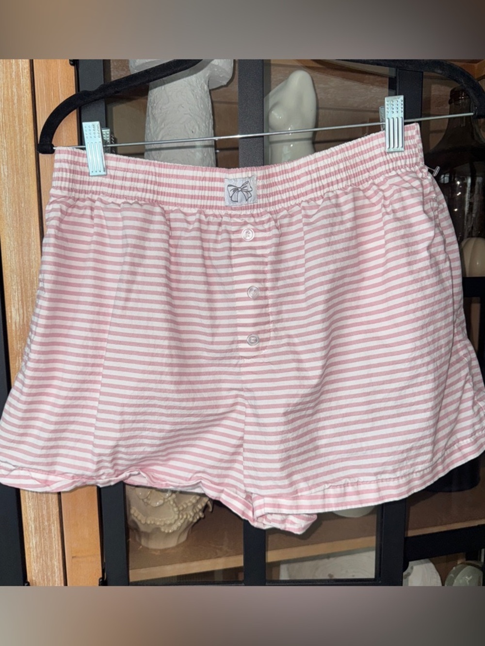 Striped boxer shorts bow sewn on patch dusty pink parke daily drills high rise